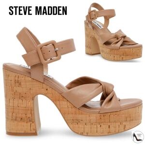 Steve Madden Womens Cacy Tan Leather Ankle Strap Block Heel Platform Sandals 8.5